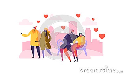 Male and Female Characters in Love. Happy Couples Romantic Day in the City. Valentines Card with People in Love Vector Illustration