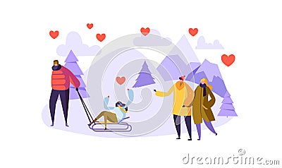 Male and Female Characters in Love on Winter Landscape. Happy Couples Romantic Day in the Mountains. Valentines Card Vector Illustration