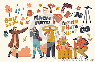 Male and Female Characters Making Autumn Photo with Fallen Tree Leaves, Flowers and Harvest. Fall Season Spare Time Vector Illustration