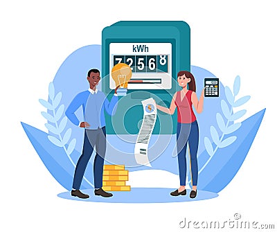 Male and female characters are paying utilities together Vector Illustration