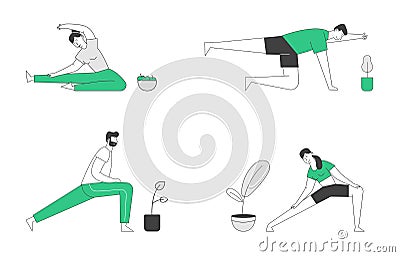 Male and Female Characters Sport Activities Set. People Doing Sports Stretching Exercise, Fitness Workout Vector Illustration