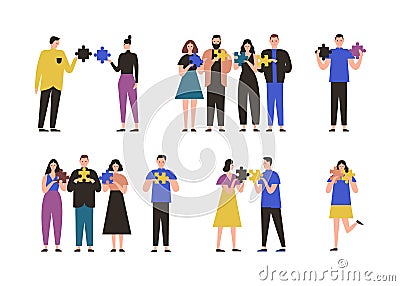 Male and female characters standing alone, in pair or group and holding jigsaw puzzle pieces. Concept of connection Vector Illustration