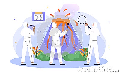 Male and female characters are studying volcano eruption together Vector Illustration