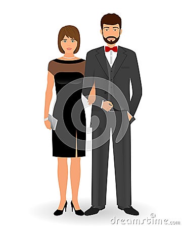 Male and female couple in elegant clothes for official social events. Black tie dress code. Cocktail evening clothes. Vector Illustration