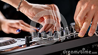 Male and female DJ hands on a DJ consolle Stock Photo