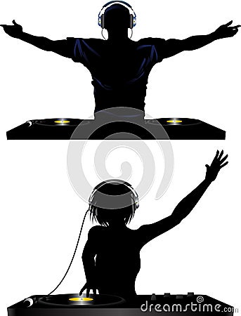 Male and female DJ and record decks Stock Photo