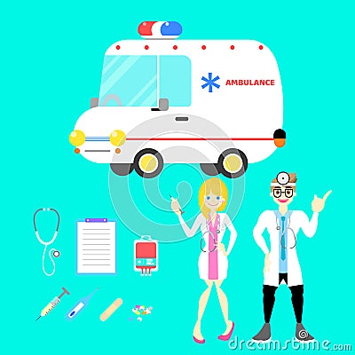Male and female doctor with ambulance car and equipment set for hospital in blue background Vector Illustration