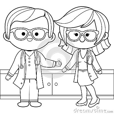 Group of doctors. Vector black and white coloring page. Vector Illustration