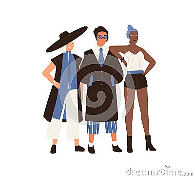 Male and female eccentric fashion models posing in stylish extravagant outfit isolated on white background. Modern man Vector Illustration