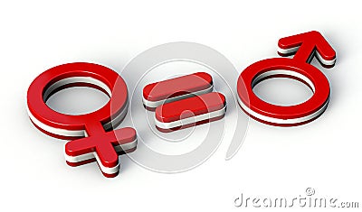 Male and female Equality Concept. Gender red symbols with equal sign. 3d Illustration. Stock Photo