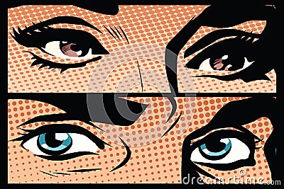 Male and female eyes close-up pop art retro Vector Illustration