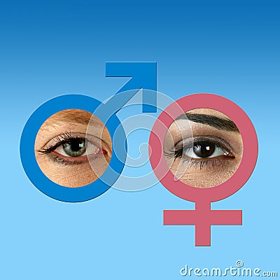 Male and female eyes on grad blue Stock Photo