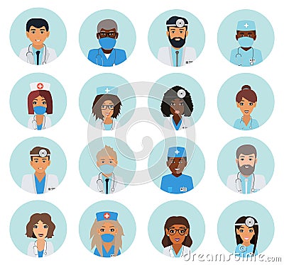 Male and female doctors team avatars. Stock Photo