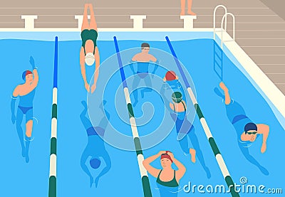 Male and female flat cartoon characters wearing caps, goggles and swimwear jumping and swimming or divining in pool. Men Vector Illustration