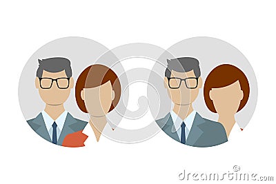 Male and female flat icon set. Business man with woman user avatar. Vector illustration Cartoon Illustration