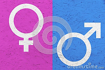 Male and female gender symbols Mars and Venus signs over pink and blue uneven texture background. Stock Photo