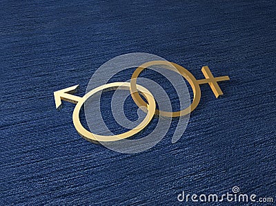 Male and female gold gender signs on blue fabric Stock Photo