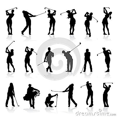 Male and Female Golf Silhouettes Set Vector Illustration