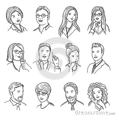 Male and female hand drawn illustrations for pictograms or web avatars. Different business faces with funny emotions Vector Illustration