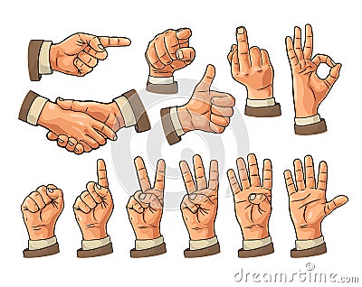 Male and female Hand sign. Fist, Like, pointing, ok, peace, Vector Illustration