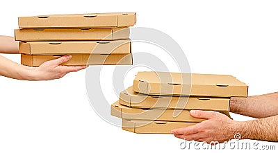 Male and female hands holding pizza boxes. Isolated on white. Food order and delivering Stock Photo