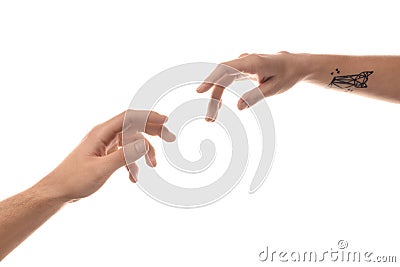 Male and female hands reaching out to each other on white background Stock Photo