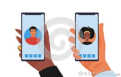 Male and female hands with smartphones. Vector online abstract dating app profile on display Vector Illustration