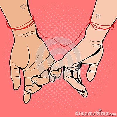 Male and female hands tied with red thread, vector illustration in retro pop art comic style. Love and valentine's day Cartoon Illustration