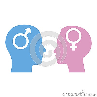 Male and female head facing each other in silhouette with symbols. Vector Illustration