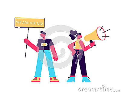 Male and female HR managers announce vacancy Vector Illustration