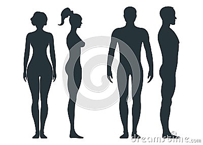 Male and female human character, people man woman front and view side body silhouette, isolated on white, flat vector illustration Vector Illustration