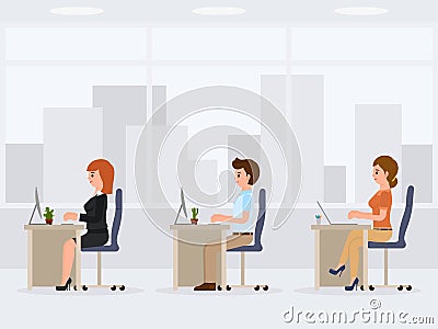 Male and female office workers at the desk. Young working clerks cartoon character. Vector Illustration