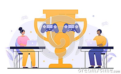 Male and female professional gamers playing big game with controllers Vector Illustration