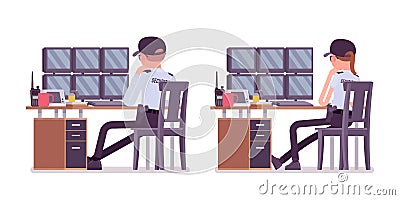 Male and female security guard monitoring alarm systems Vector Illustration