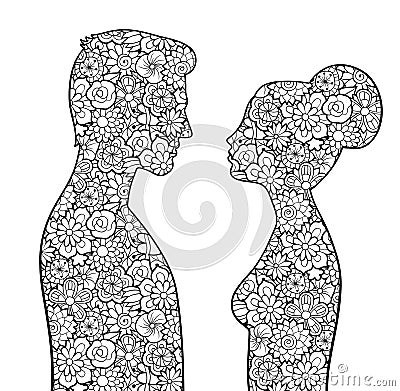 Male and female silhouettes with flowers Vector Illustration