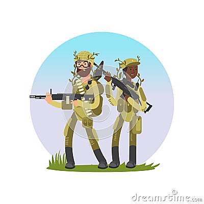 Male and female soldiers cartoon character design Vector Illustration