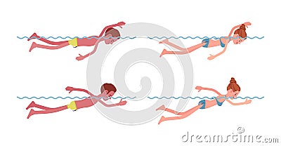 Male and female swimmer in free swimming style set Vector Illustration
