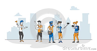 Male and Female Tourist Characters Visit Sightseeing with Guide Making Pictures on Photo Camera. Foreign Journey Vector Illustration
