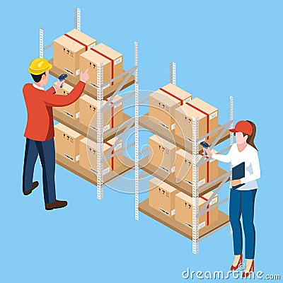 Male and Female warehouse worker using bar code scanner to analyze newly arrived goods. Vector illustration eps10 Vector Illustration