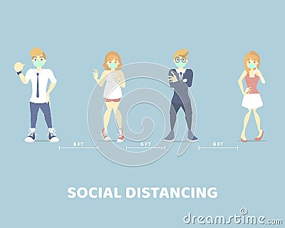Male and female wearing protective mask, keeping distance for infection risk and spread desease, health care, social distancing Vector Illustration