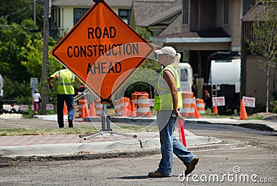 Workers in a construction zone Editorial Stock Photo