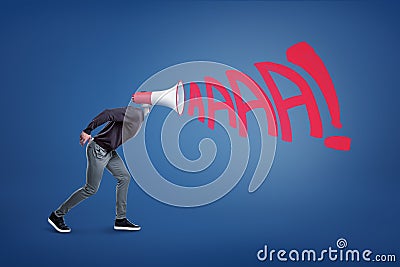 A male figure with a megaphone instead of a head with letters representing a loud scream getting out of it. Stock Photo