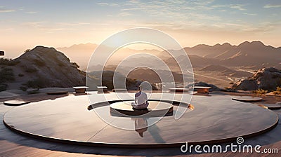 Male figure seated in a meditative pose on a circular platform, AI-generated. Stock Photo