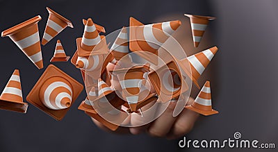 Male fingers touching the virtual 3d traffic cones. Technical support concept Stock Photo