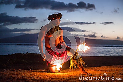 Male Fire Dancer in Hawaii Stock Photo