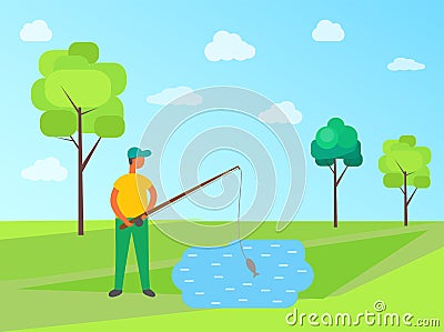 Male Fishing in Lake, Vector Isolated Fisher, Rod Vector Illustration