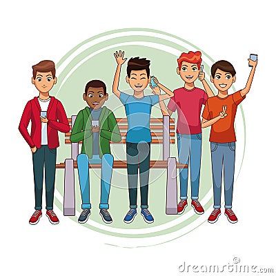 Teens with smartphones cartoons Vector Illustration