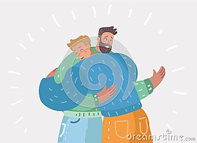 Male friendship. Two happy guys hug each other Vector Illustration