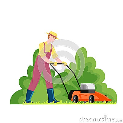 Male gardener mowing lawn with electric mower Vector Illustration