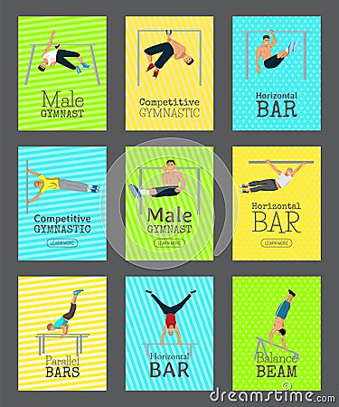 Male gymnast set of cards vector illustration. Competitive gymnastic. Horizontal bar. Parallel bars. Balance beam Vector Illustration